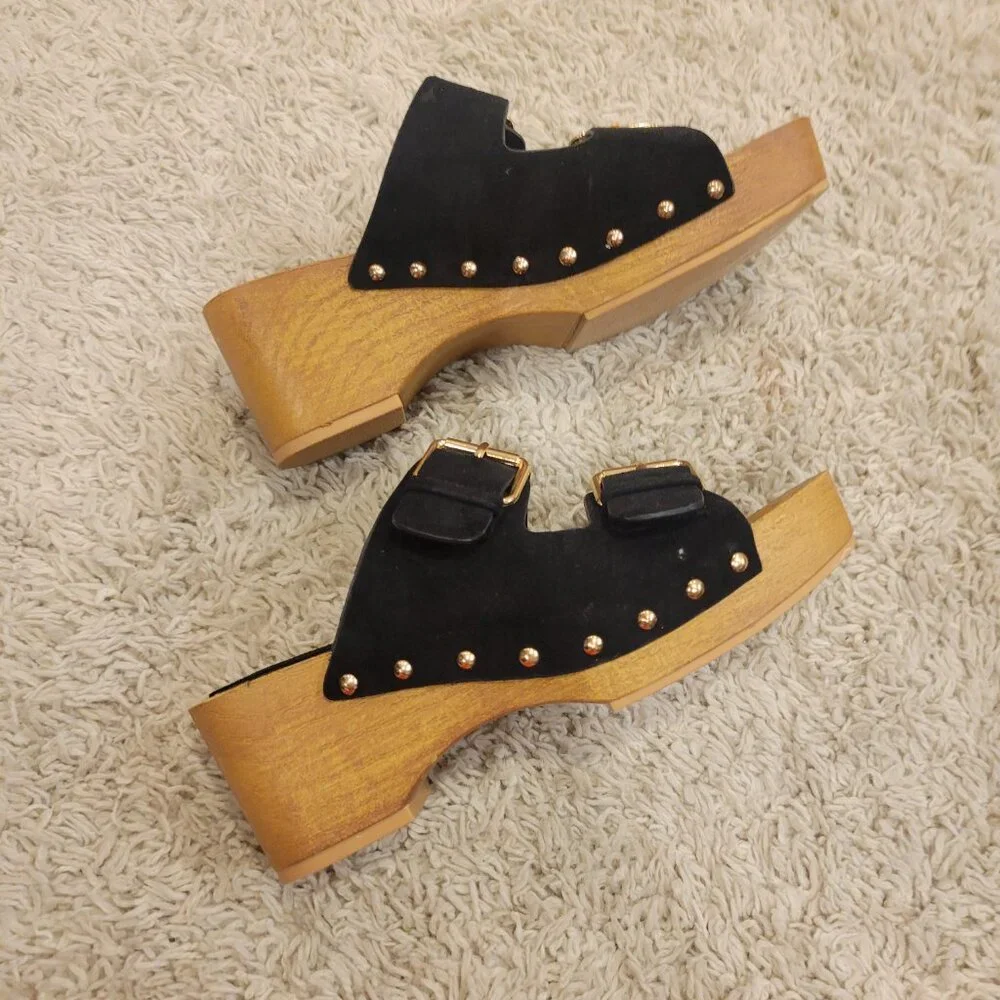 SOLD 👠New Black Wood Clog Wedge Platform Suede Buckle Sandal Shoe Slip On Sl💃 - Picture 9 of 10